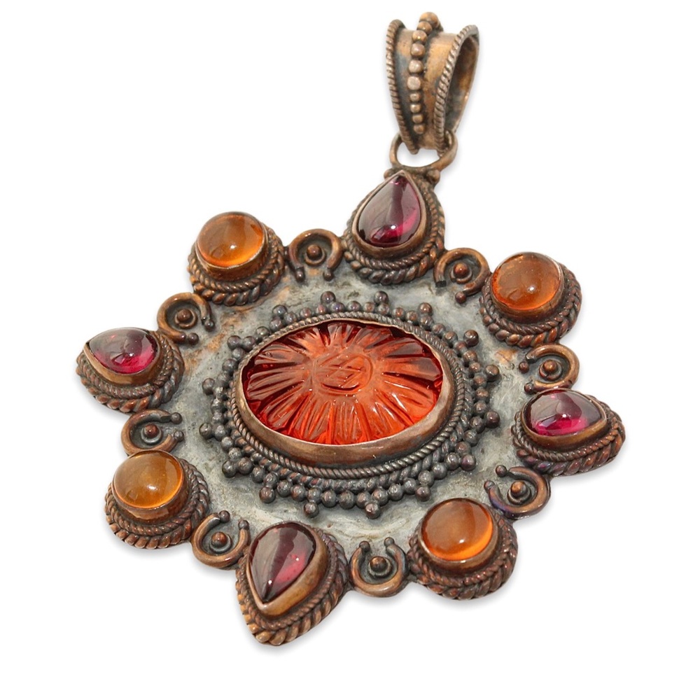 Vintage Amber & Garnet Sterling Silver Pendant Large Carved Flower Cabochon
